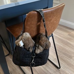 NWT black Coach signature C quilted soft body w/ tan rabbit fur trim hobo purse